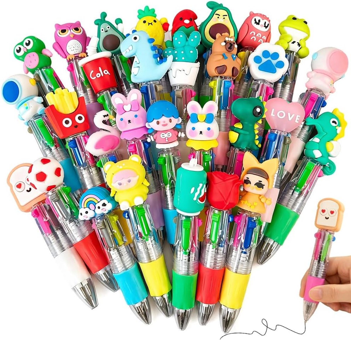 24 stuks 4-in-1 balpen, 0,7 mm mini-intrekbare balpen, 4 kleuren, cartoon-balpennen 10 cm, voor verjaardagscadeau, prijslessen, schoolbenodigdheden, kantoor (gemengd)
