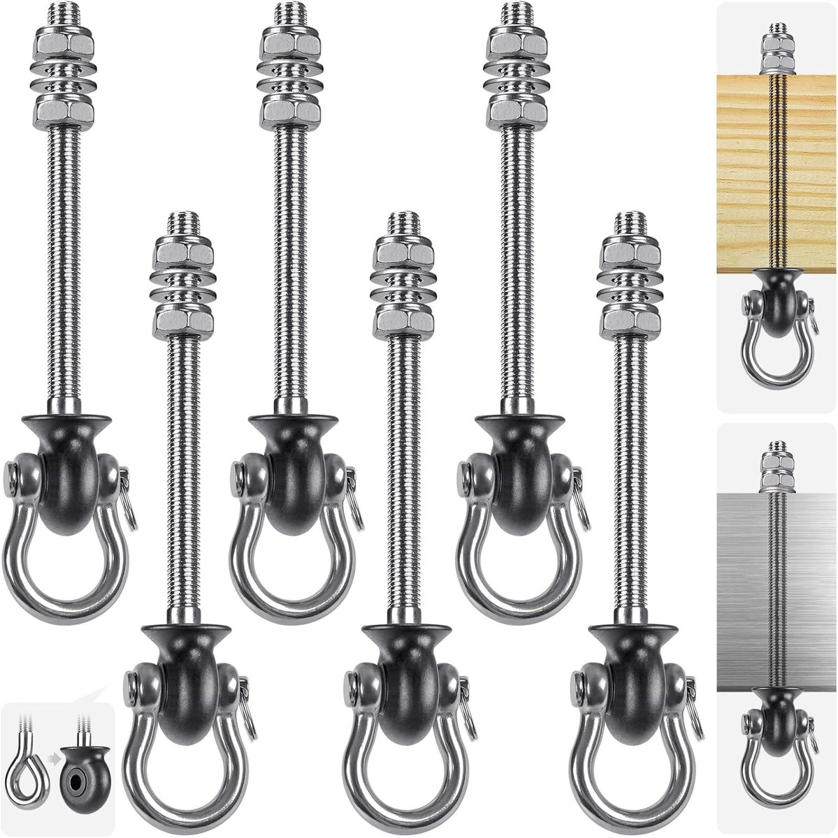 6 stuks 304 roestvrijstalen permanente kleerhangers voor schommel, speelplaats, veranda, yoga, voor hout en stalen balken, capaciteit 680,4 kg, 180 graden schommel, 19 cm