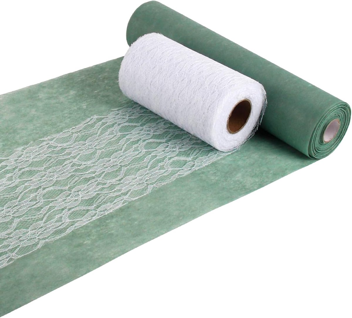 Tafelloper, eucalyptusgroen, 15 cm x 22 m, wit, tafelloper, kant, tafelkleed, rol, decoratieve tafelband voor doop, communie, vormsel, bruiloft, verjaardag, buiten