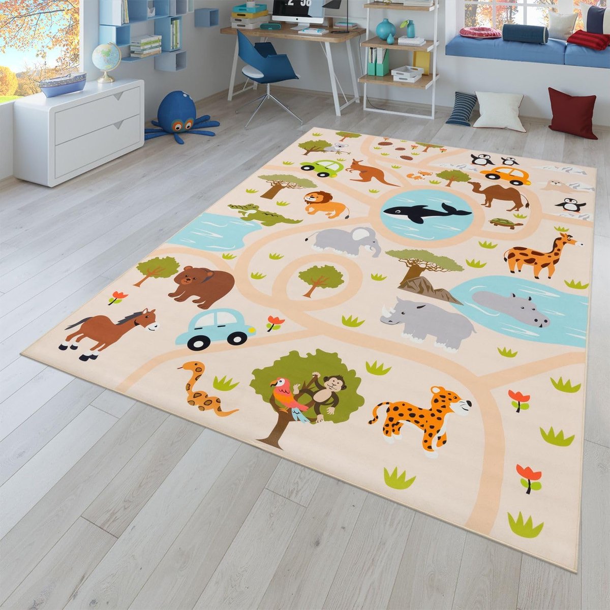 Home Vloerkleed Kinderkamer Meisjes Jongens Antislip Dierlijk Motief Autos, Kleur:Groen Geel Crème, Maat:200x290 cm