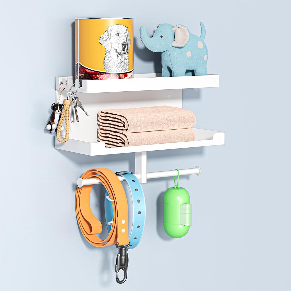 Hondengarderobe met plank, houder voor hondenriem, zwarte wandhouder voor hondenriem, metalen hondengarderobe sleutelplank, voor hondenriem, trainingslekkernijen, kauwspeelgoed, sleutels (wit)