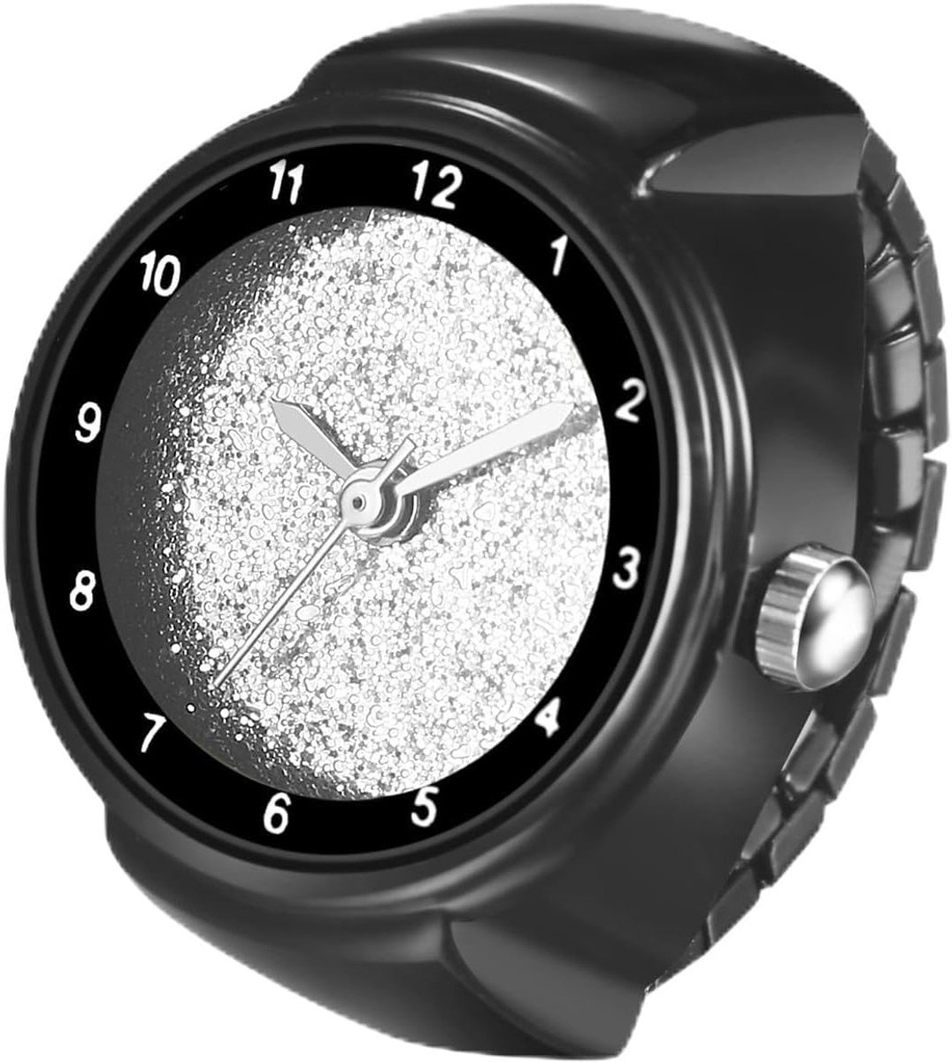 Vingerhorloge elastisch ringhorloge dames: zwart analoog kwarts vingerring horloge roestvrij staal stretchband horloge ring unisex met trekkoord, Arabische cijferschaal en matte wijzerplaat