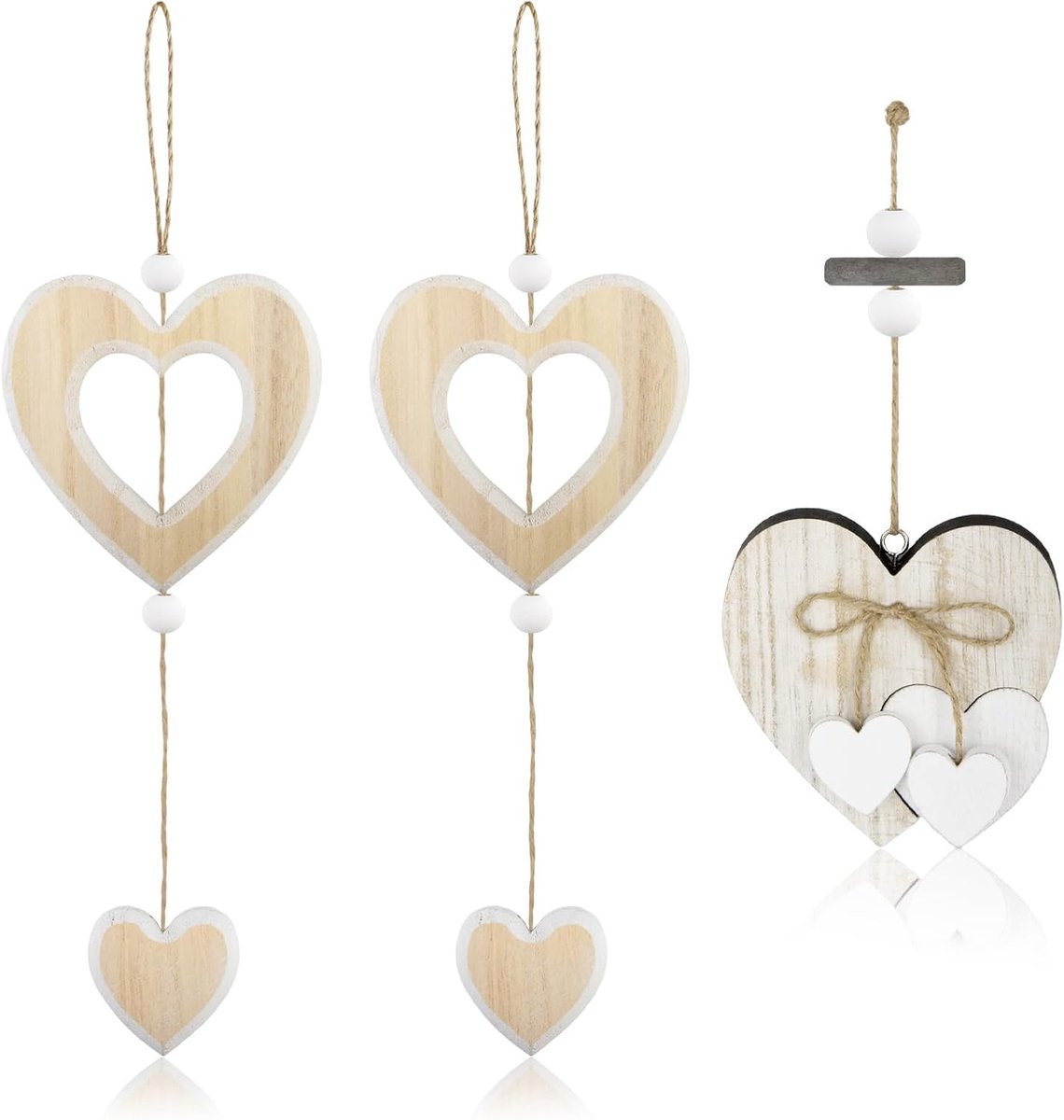 3 houten hartvormige hangers om op te hangen aan ramen en muren, rustieke hanger voor bruiloften en als mooi cadeau