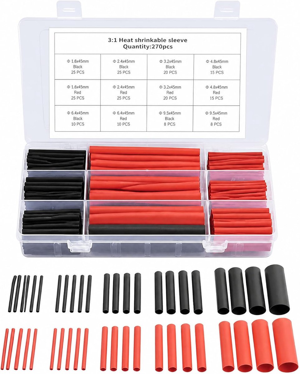Krimpkousen, assortiment, 270 stuks, 3:1, krimpverhouding, krimpkous, waterdicht, isolatiebescherming, zelfklevend, gevoerde buisset met lijm en dubbele wand, zwart, rood
