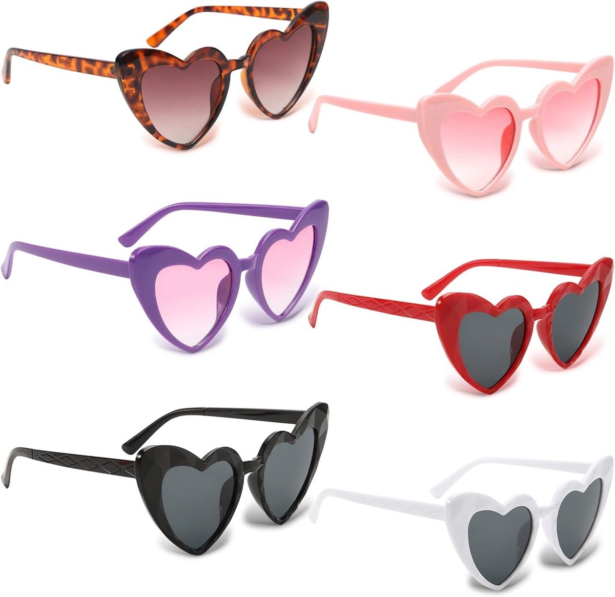 6 stuks hartvormige zonnebril, vintage hartbril voor dames, hippiefeestbril, grappige zonnebril, hartvormige bril, anti-UV400, voor feest, vakantie, bruiloft, bruid, carnaval (6 kleuren)
