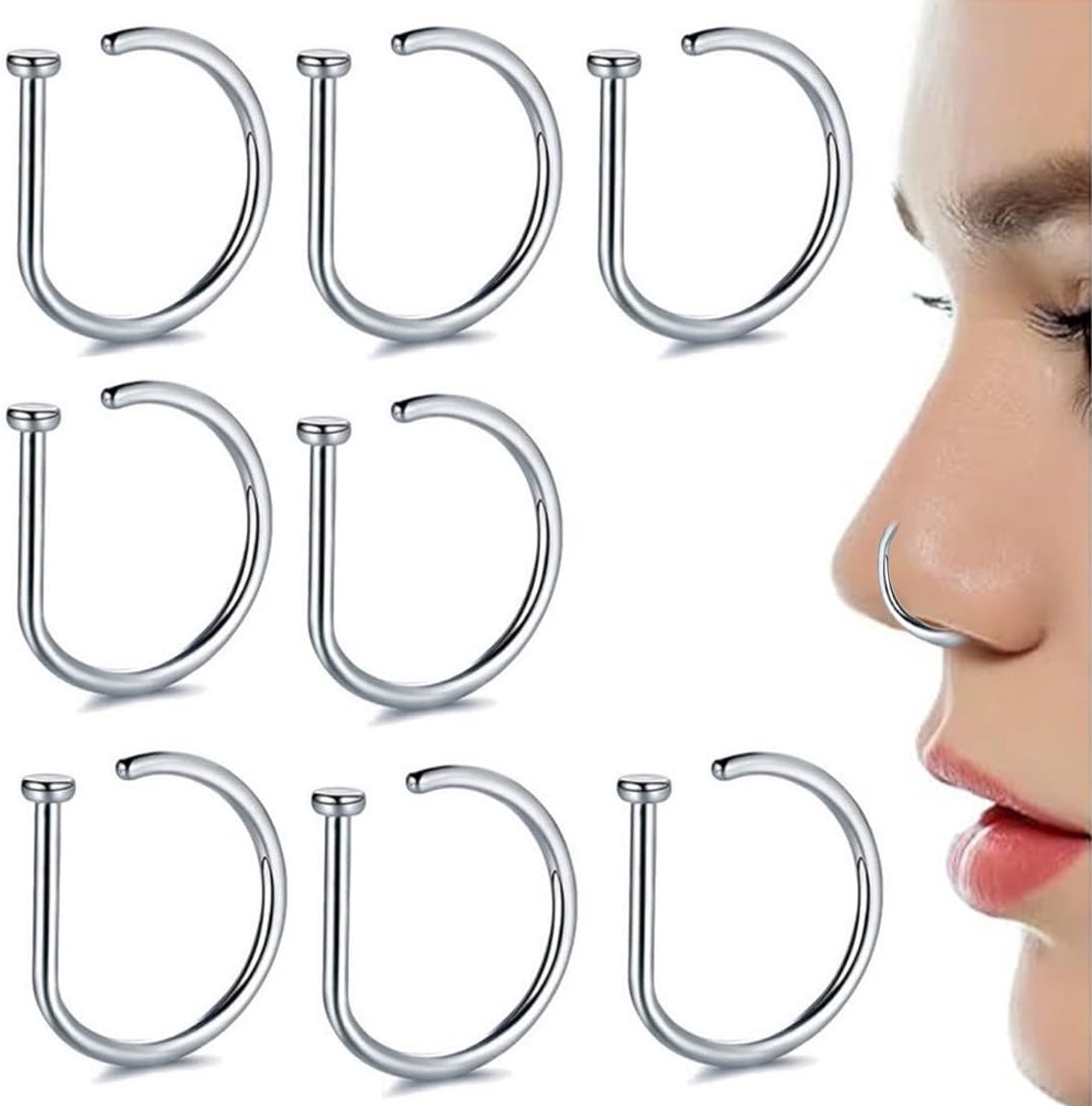 Ringen van roestvrij staal in D-vorm, valse neuspiercing, neusclip, lipklem, zonder piercing, lippiercing, uniseks