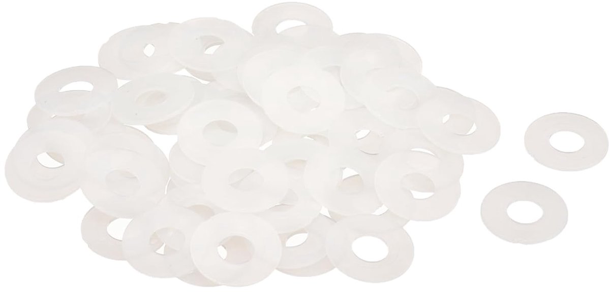 Platte sluitringen van nylon, M8, 8 mm, diameter 20 mm, dikte 1 mm, gladde sluitringen, kunststof rubberen sluitringen, afdichtring, wit