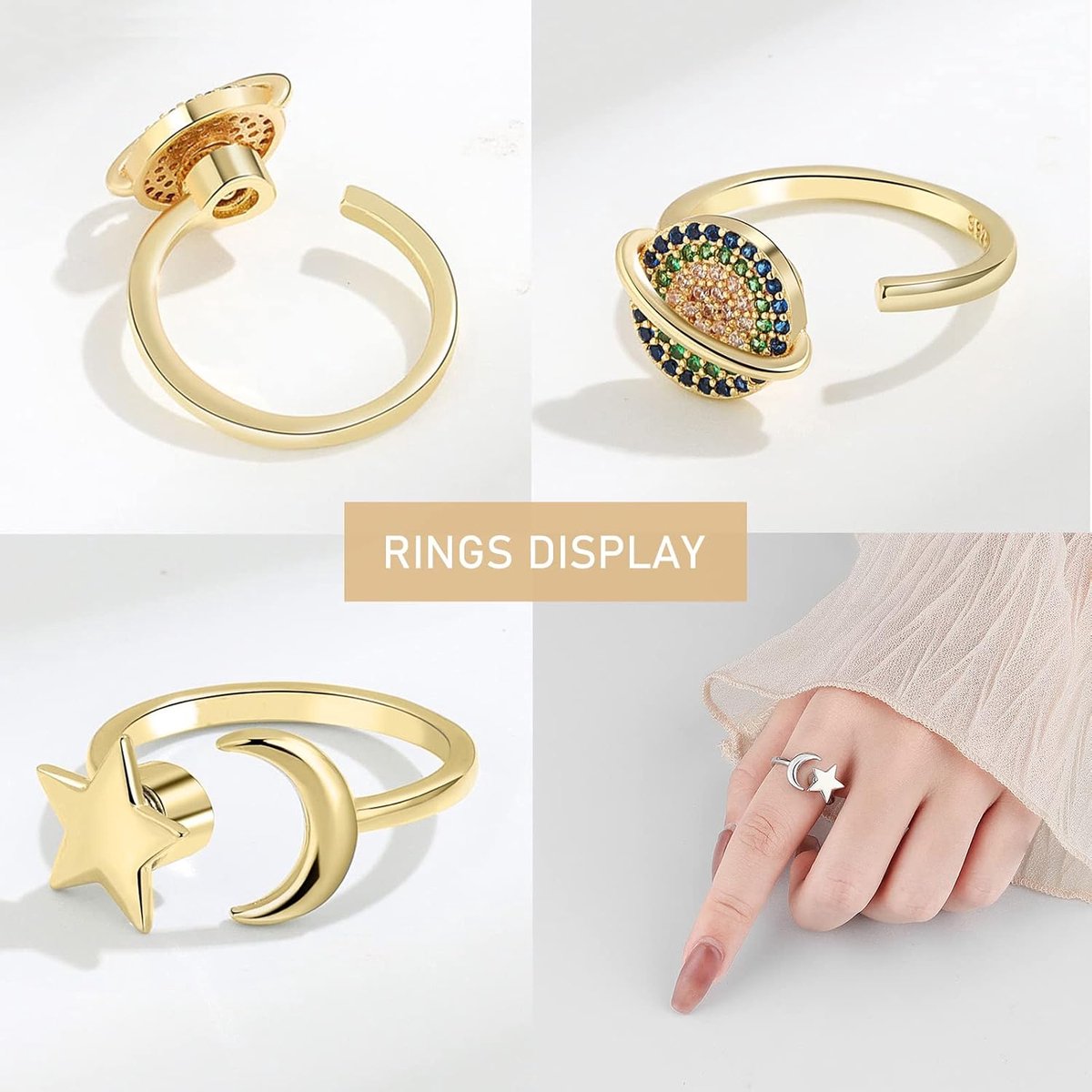 5 stuks angstringen voor vrouwen, gouden fidgetring voor tienermeisjes, verstelbare open spinnerringen voor angst vrouwen dochter, vlinder zon maan en ster verstelbare ring voor mannen