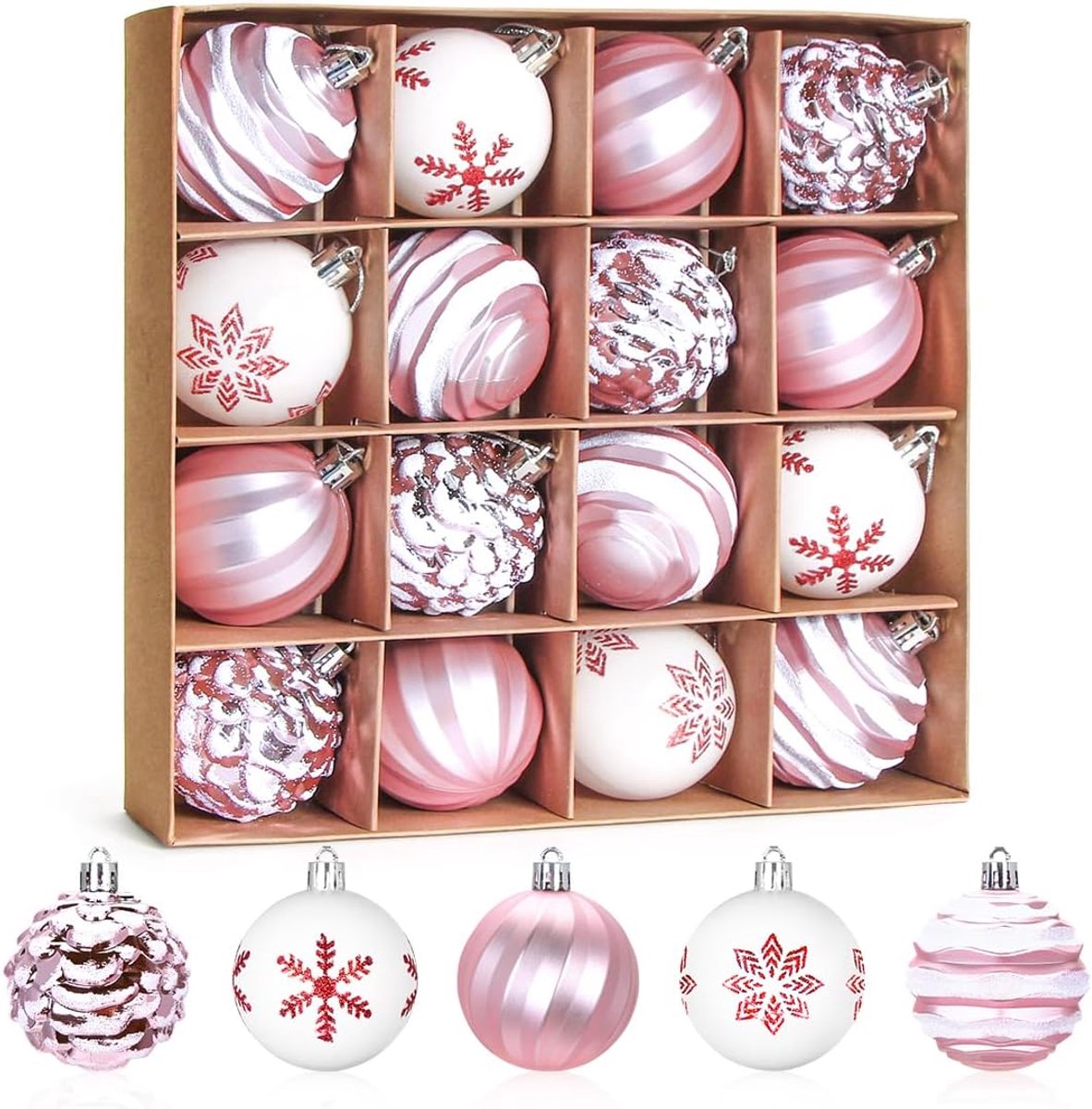 Kerstballen, roze, 16 stuks, kunststof kerstballen, 6 cm, beschilderde boomversiering, grote plastic ballen, kerstboomversiering, hangdecoraties