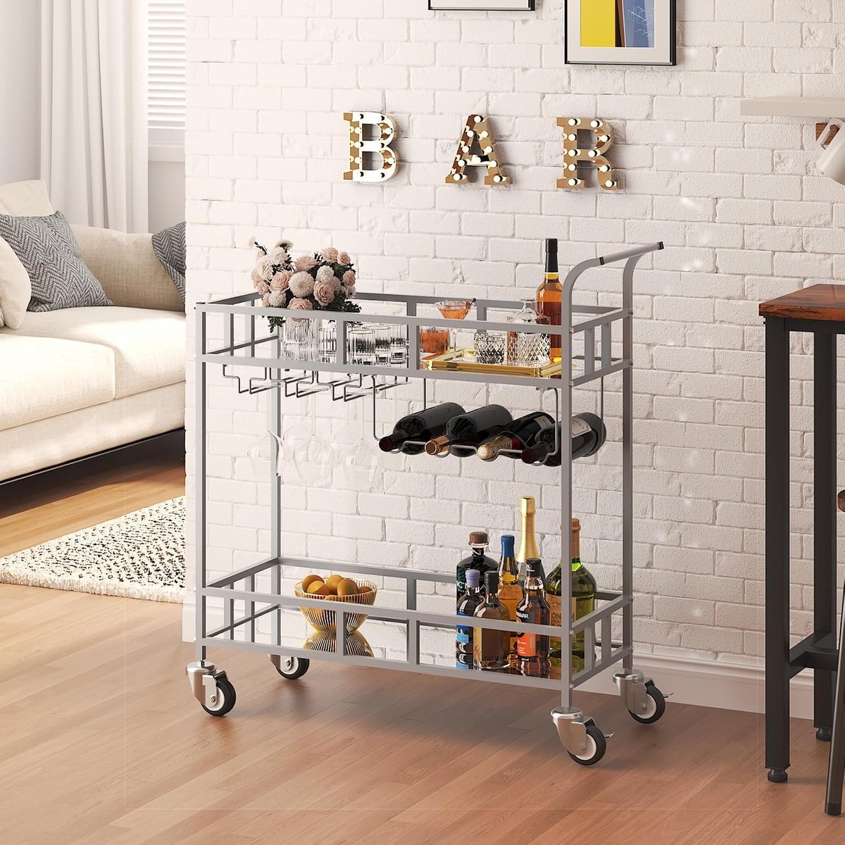 Triumpunpre - Barwagen Gouden - thuisbar serveerwagen - wijnwagen met 2 spiegelplanken - wijnhouders - glashouders - voor keuken en eetkamer - Zilver