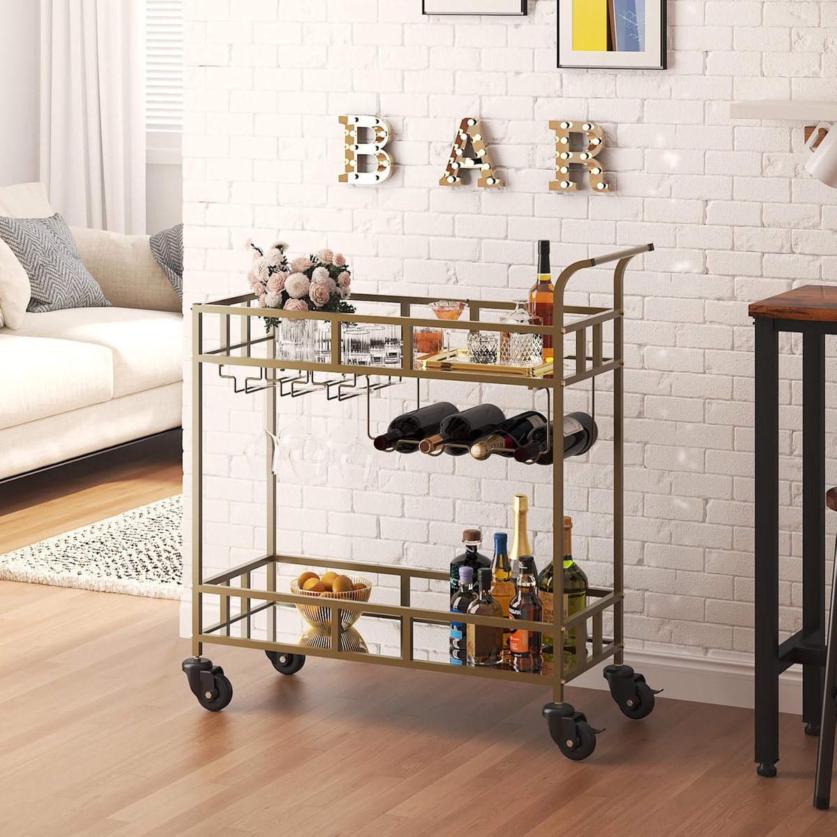 Triumpunpre - Barwagen Gouden - thuisbar serveerwagen - wijnwagen met 2 spiegelplanken - wijnhouders - glashouders - voor keuken en eetkamer - Goud