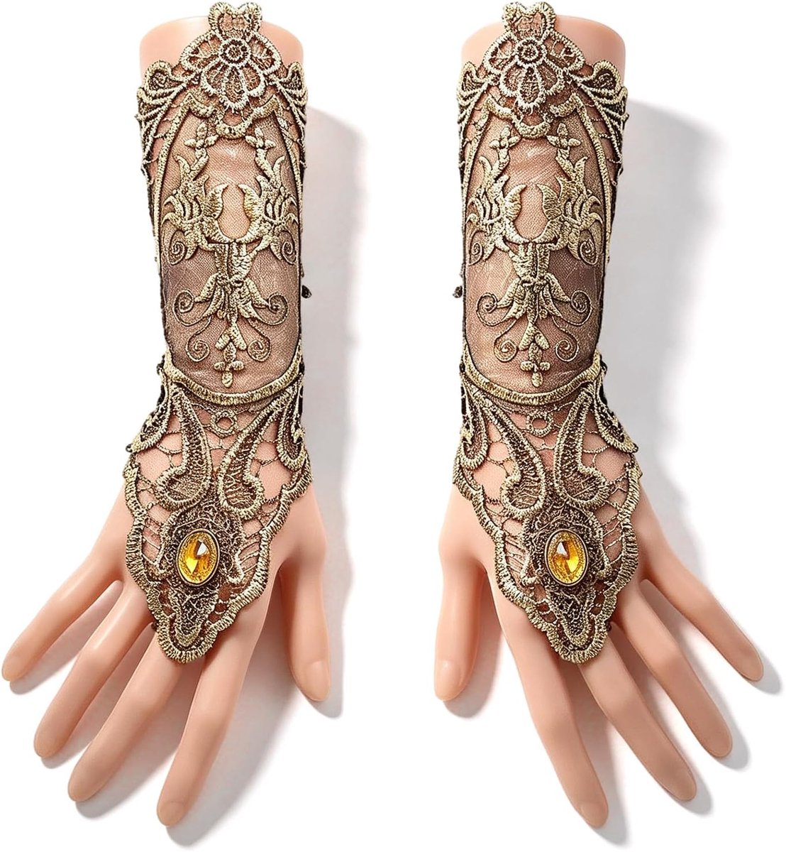 Lace gloves dames - lange gothic handboeien - goudkleurig - perfect voor steampunk stijl - ShopVlot