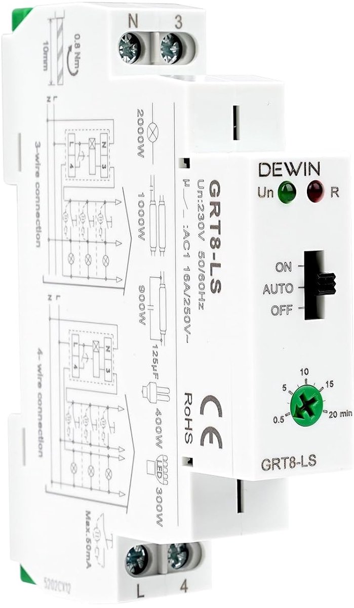 Tijdrelais GRT8-LS AC230V 16A - instelbaar van 0,5 tot 20 minuten - LED-indicator - ideaal voor verlichting in gangen - ShopVlot