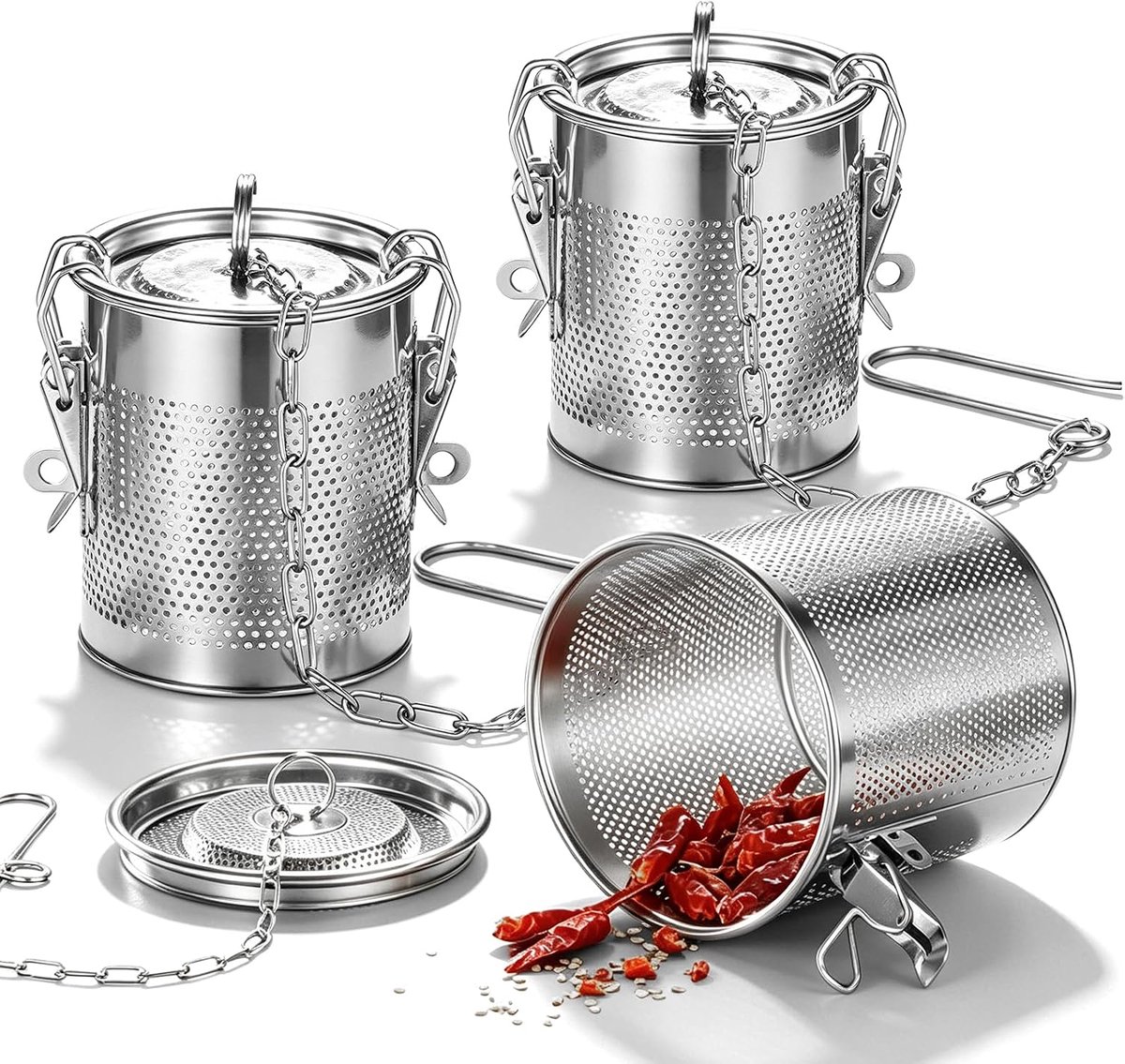 Theefilter 8 × 9 cm van roestvrij staal (3 stuks): zilveren kruidenfilter voor de keuken, fijnmazige theezeef met ketting, robuust en praktisch voor thuis en keuken.