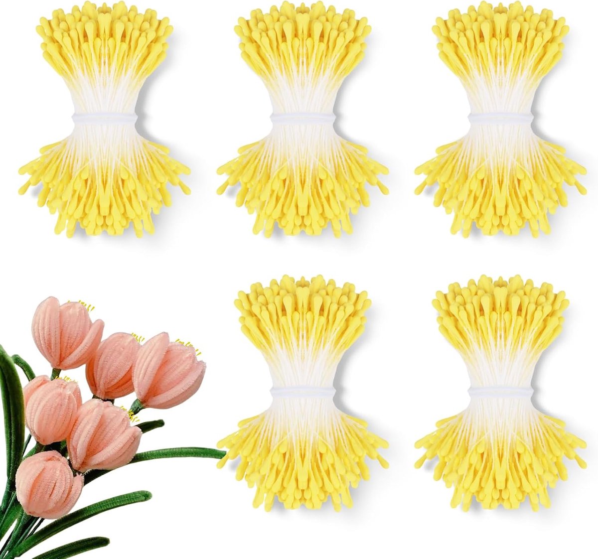 1800 stuks dubbele kop meeldraden voor het maken van bloemen, 2 mm mat geel bloemen stuifmeel meelmeel, kunstmatige bloem stamper voor ambachten handgemaakt boeket arrangement doe-het-zelf (geel)