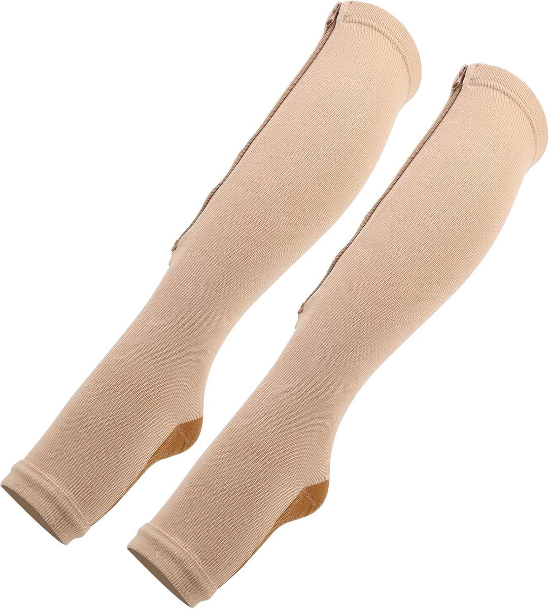 Compressiekousen Met Ritssluiting , Halflange Kousen Met Ritssluiting , Elastische Kousen 1 Paar Open Teenbehandeling Voor Spataderen(L/XL Rits sokken (Beige + koperen onderkant))