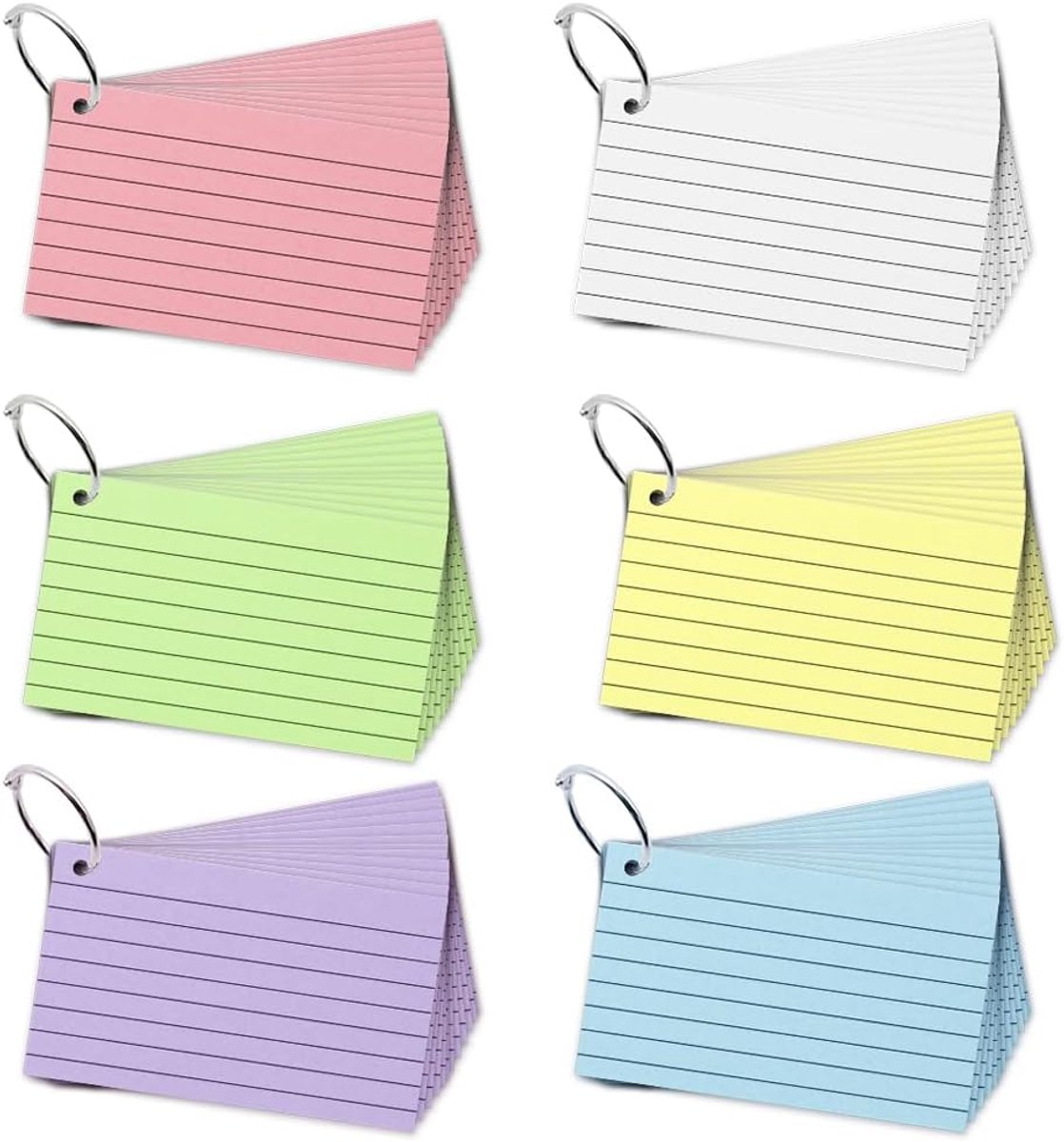 300 stuks indexkaarten, 9 x 5 inch gekleurde flashkaarten met ring, gevoerde notitiekaarten, gelinieerde studiekaarten, flashcards, memo-kraspad voor thuiskantoor, school voor studeren, leren, school,