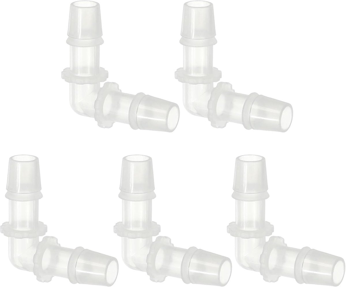 7/16 inch kunststof slangweerhaak 90 graden elleboog, 5-pack L-weerhaakfittingen 2-weg gelijke prikkeldraad verbindingsconnector splitser mender slangadapter unie-adapter voor