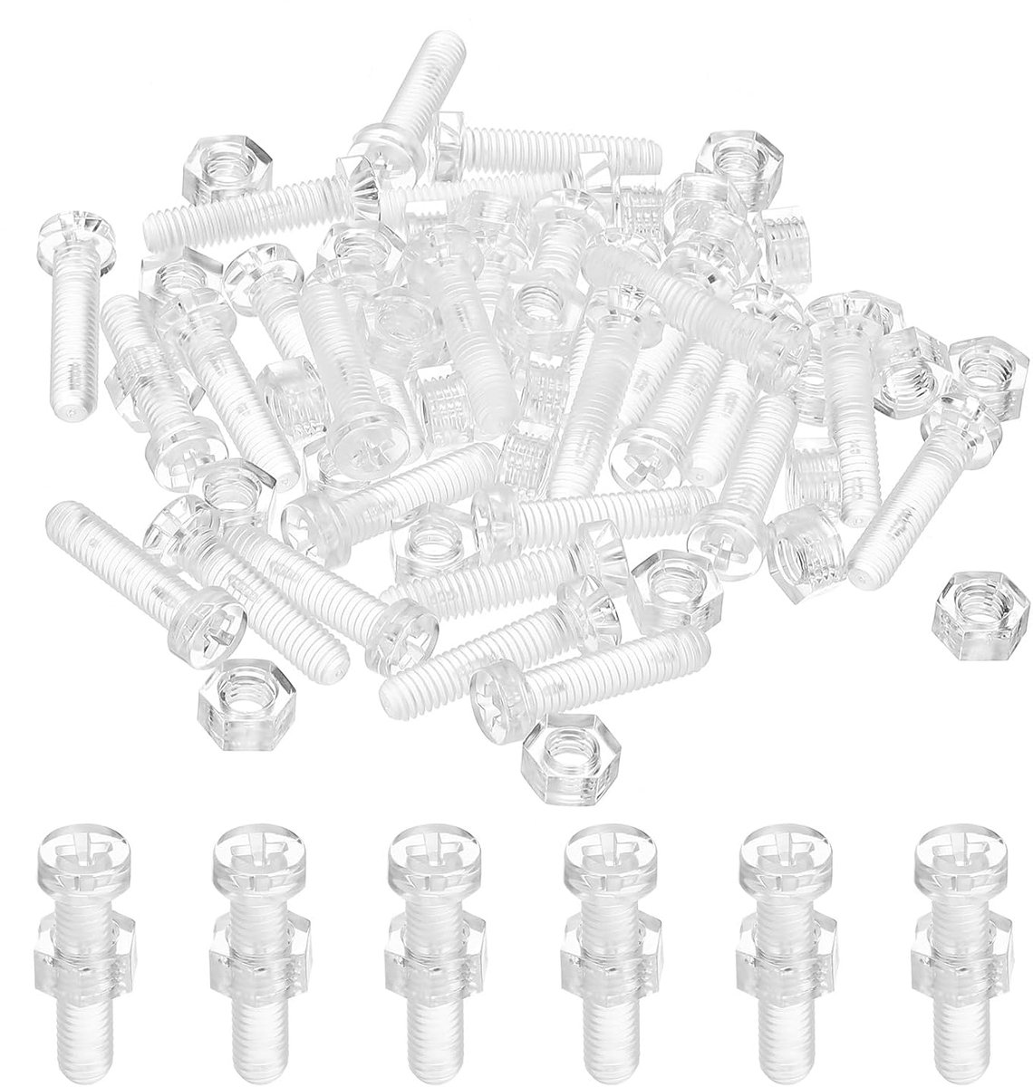 Kit acrylschroeven, transparant, M6 x 25 mm en zeskantmoeren, 30 sets ronde kopschroeven, Phillips kunststof, voor machineaccessoires, transparant