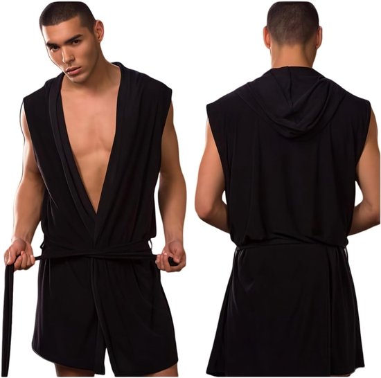 Badjas met capuchon voor heren, mouwloze zijden pyjama, nachtkleding, lichte vaste ochtendjas, spa-badjas met riem, zachte zomerpyjama voor thuis — afbeelding 5