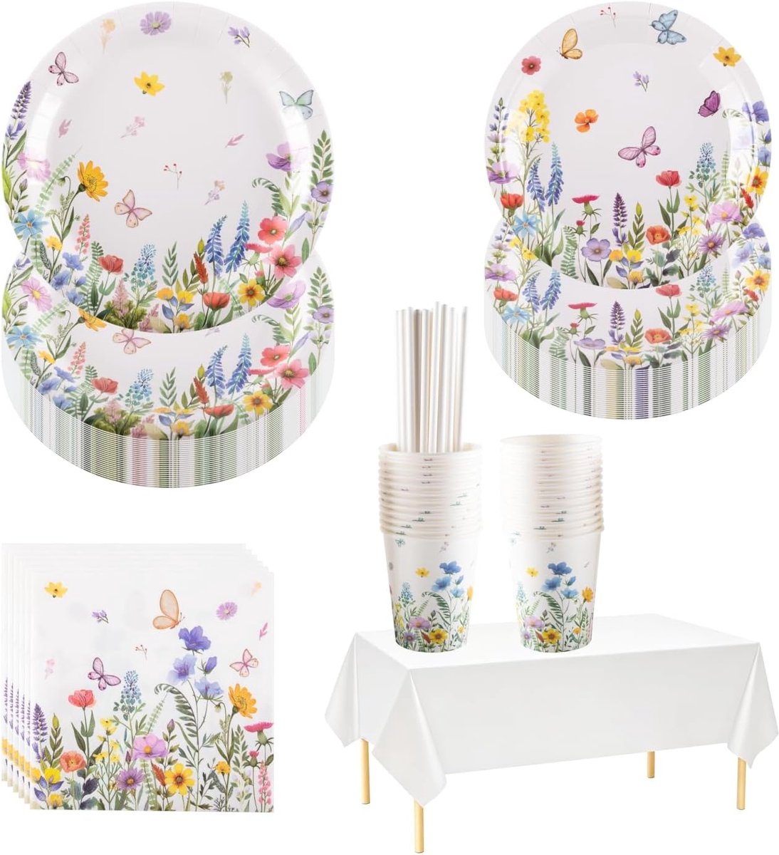 Feest Serviesset voor 25 gasten, 18/23 cm papieren borden, papieren servetten en tafelkleed, ideaal voor afternoon tea, bruiloft, verjaardag, babyshower, UK feestartikelen (152 stuks)