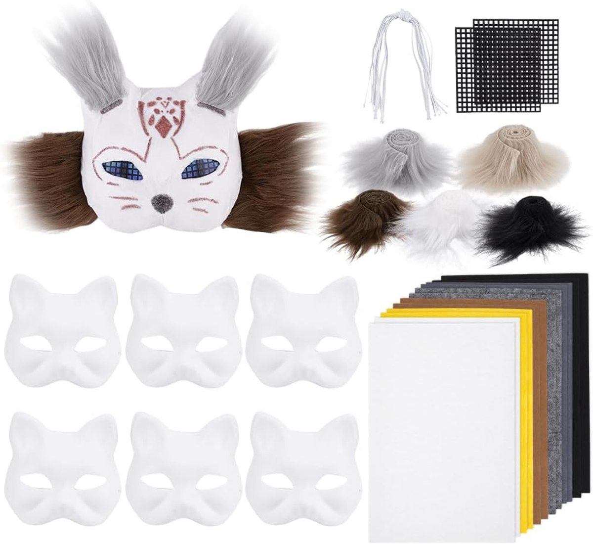 PandaHall DIY Therian Masker Kit 8 stks Blank Kat Masker met Vilt Stof Sheet Pluche Faux Fur Therain Accessoires Maskers Base Harige Vos Dier Maskers voor Therian Gear Stuff