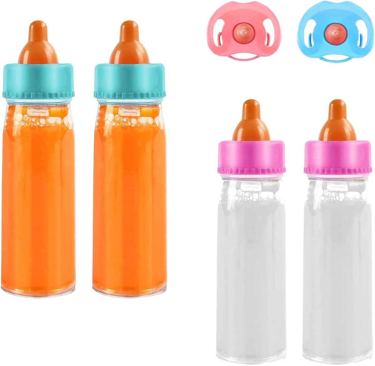 4 stuks poppenflessen met melk en 2 stuks poppenfopspenen, magische fles, magische poppenaccessoires, vloeistof verdwijnt bij het kantelen, voor kinderen, vanaf 3 jaar