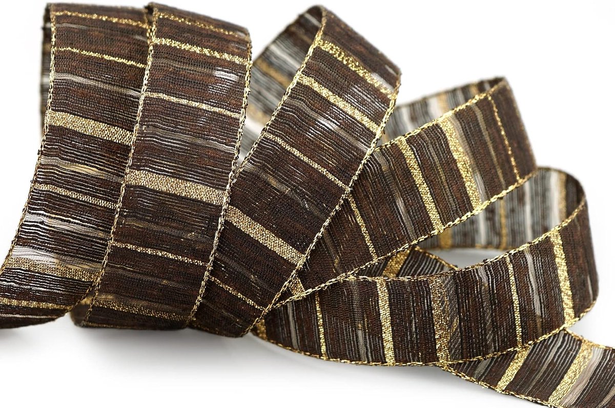 20 m x 25 mm decoratielint matrix gouden strepen donkerbruin lint halftransparant stoffen lint Lurex glanzende vormvaste cadeaulint Kerstmis decoreren gestreepte strepen