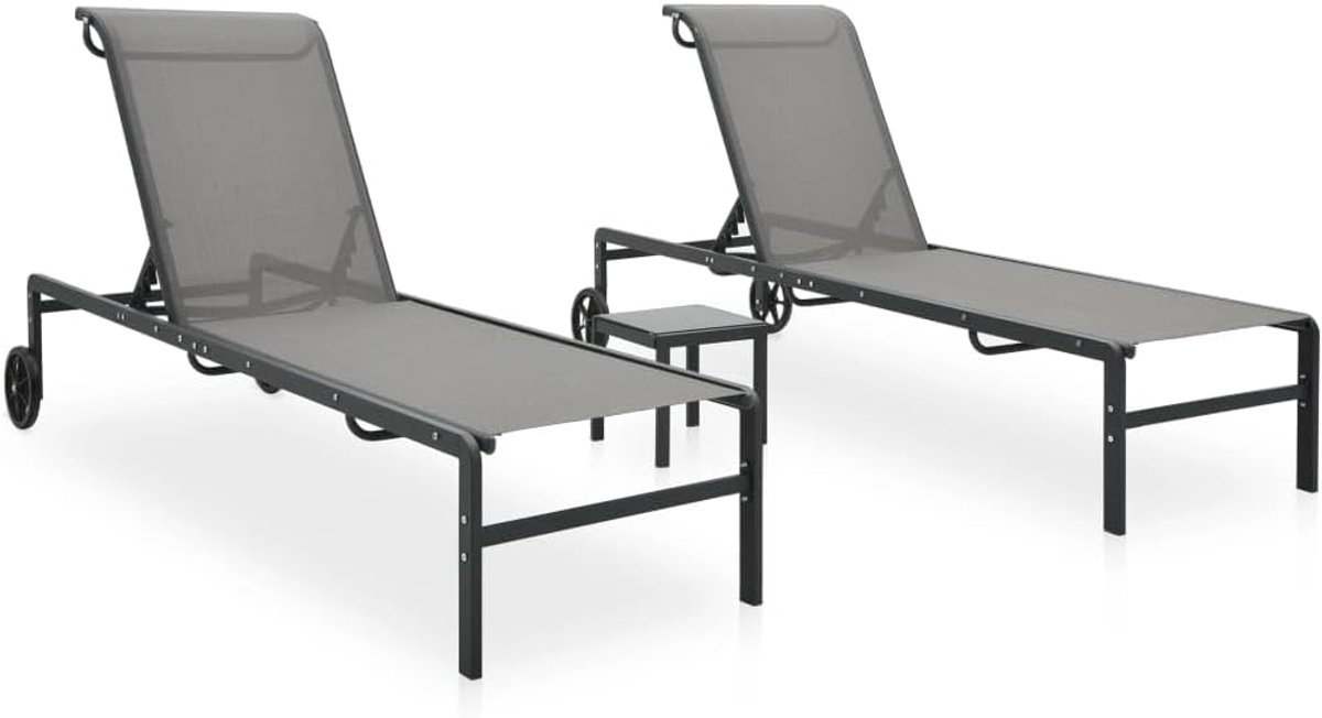 2 stuks, met tafel van duurzaam textileen en robuust stalen frame, verstelbare rugleuning en praktische bijzettafel voor tuin, terras