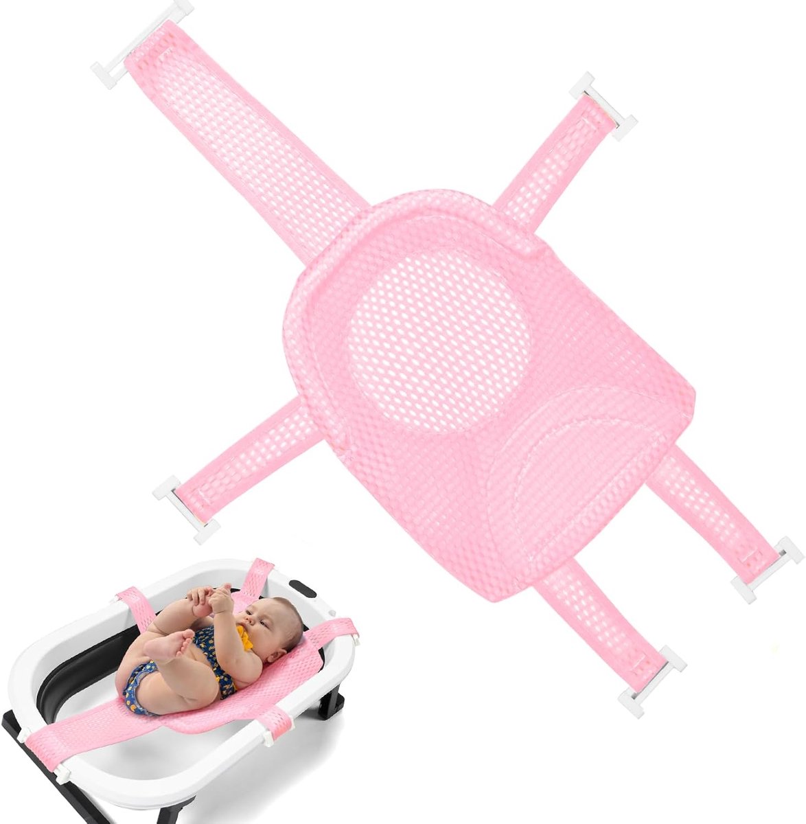 Baby-badnetje - Ondersteunende badlade voor pasgeborenen, badmat, antislip en verstelbaar net voor 0-3 jaar (roze met 5 hoeken)