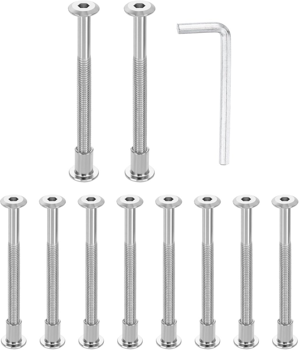 Set van 10 M6 x 90 mm zeskantaandrijving verzonken kopschroeven en M6 x 12 mm moeren met M4 zeskantsleutel, meubelverbindingsschroeven en schroeven voor meubels, verzonken kopriem, zilver