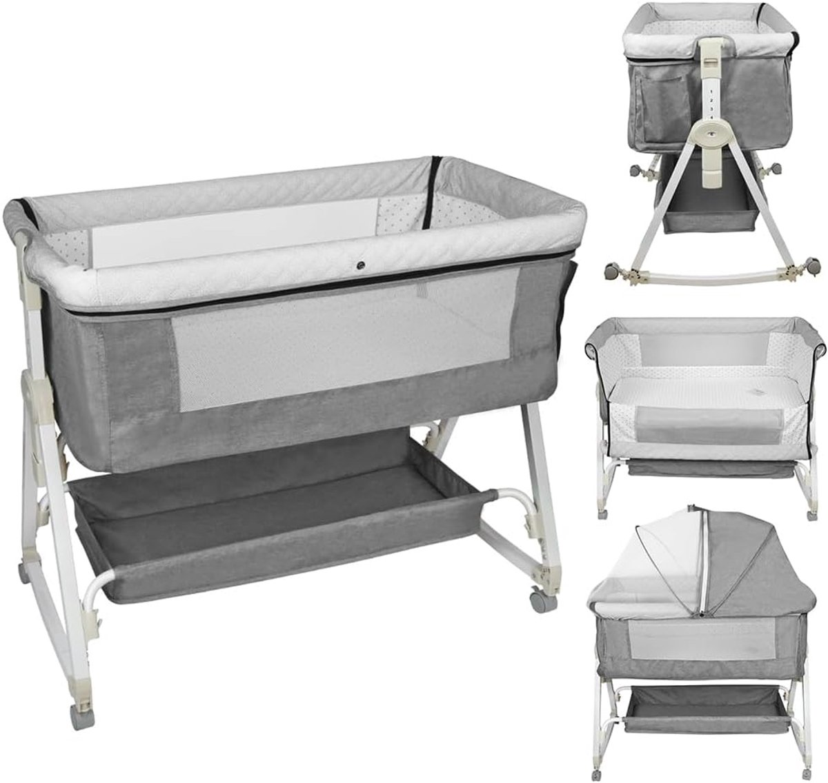 Homewell 2 in 1 Lit Cododo Bebe Pliable, Berceau Cododo 0-30 Mois, 6 Réglages de Hauteur, Berceau Bébé Mobile Lit d'Appoint, Grand Panier, Apportez UNE moustiquaire (grijs, 95 x 50 x (98-110) cm)