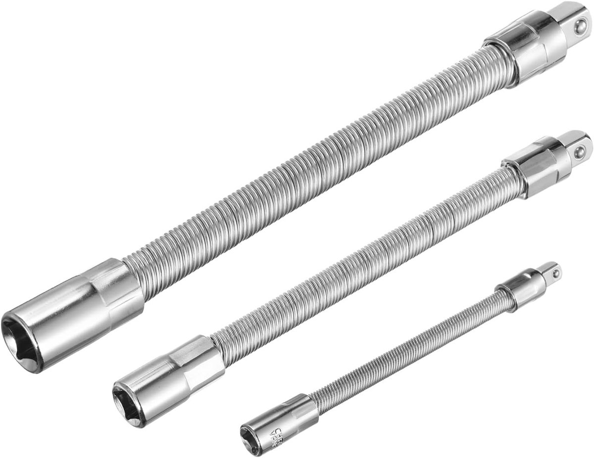 Verlengingsset voor stopcontacten met aansluiting 1/4 inch 3/8 inch 1/2 inch van verchroomd koolstofstaal flexibele verlengingen universele koppelingsverlengingen 3-delige set zilver