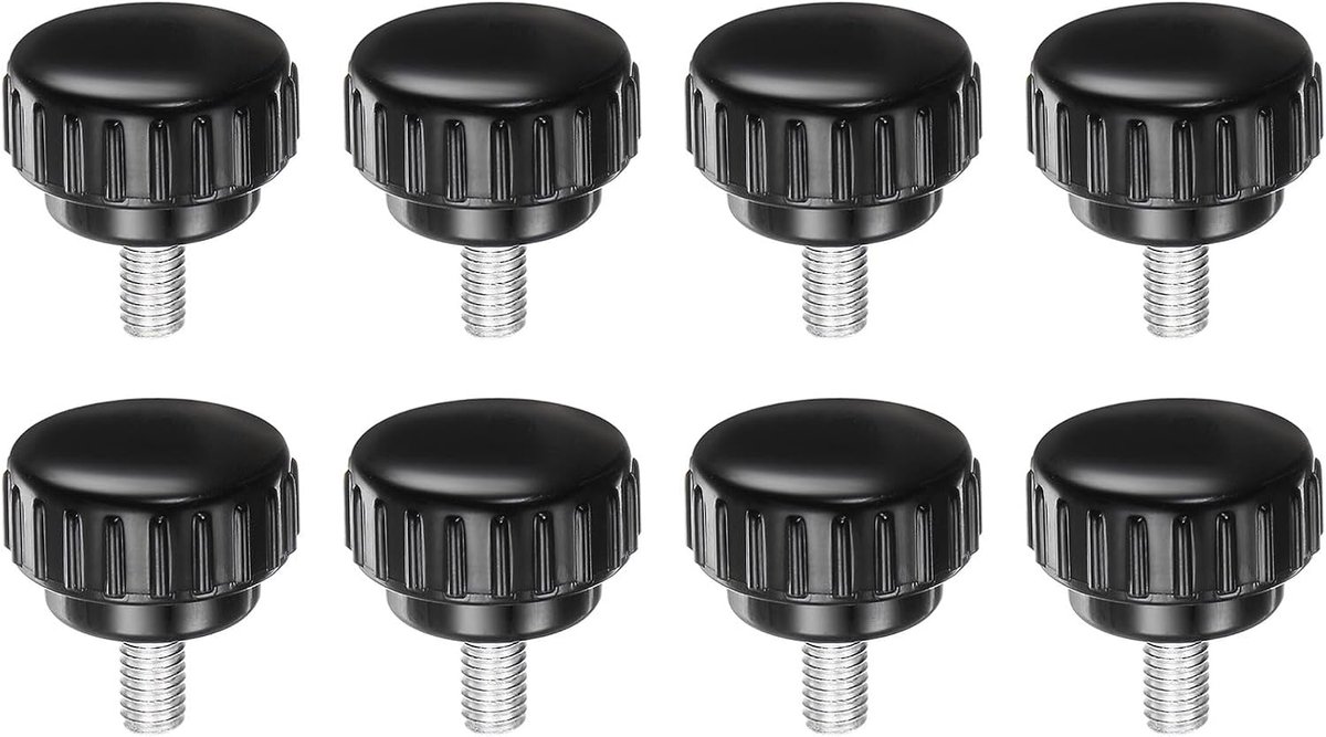 8 stuks gekartelde spangrepen, M6 x 12 mm, kopschroef buitendraad koolstofstaal, metrisch, 30 mm ronde kop, kunststof schroefdraad, handschroef, zwart