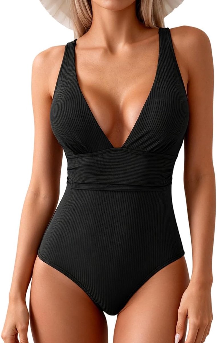 Badpak voor dames, eendelig, badpak, push-up monokini met V-hals, kleurblokkerend, voor strand en zwembad