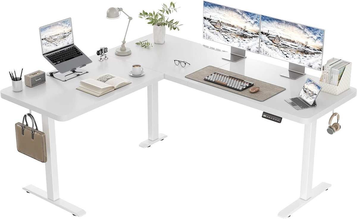 Hoekbureau, 160 x 140 cm, L-vorm, in hoogte verstelbaar met enkele motor, met plank, geheugenbediening, 3 poten, wit