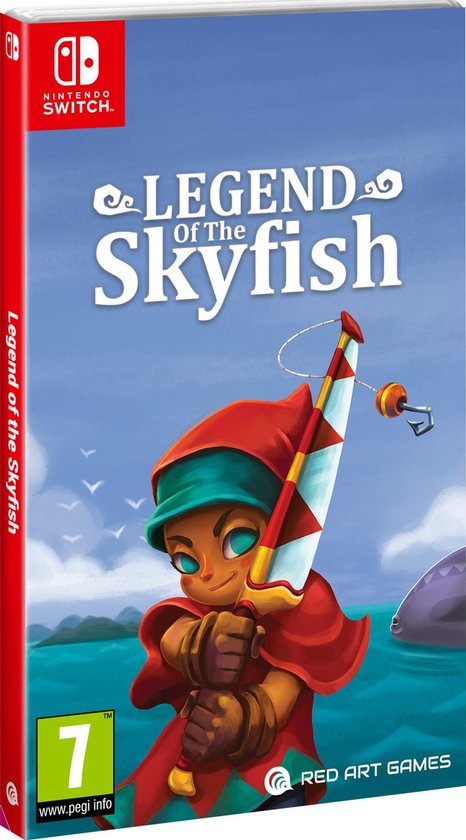 De Legend of the Skyfish Nintendo Switch gamecover toont een jongen met een rode cape en hoed, die een grote vishengel vasthoudt. De game is geschikt voor 7+.