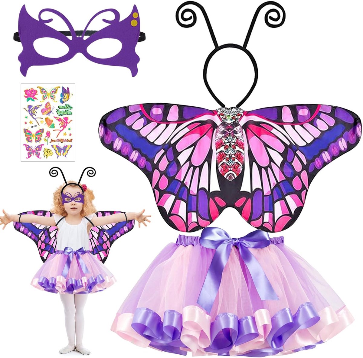 Kostuum voor kinderen, 5-delig vlinderkostuum voor kinderen, carnavalskostuums voor meisjes, feeënkostuum voor meisjes, feeënkostuum met vlindervleugels, haarband, masker voor carnaval