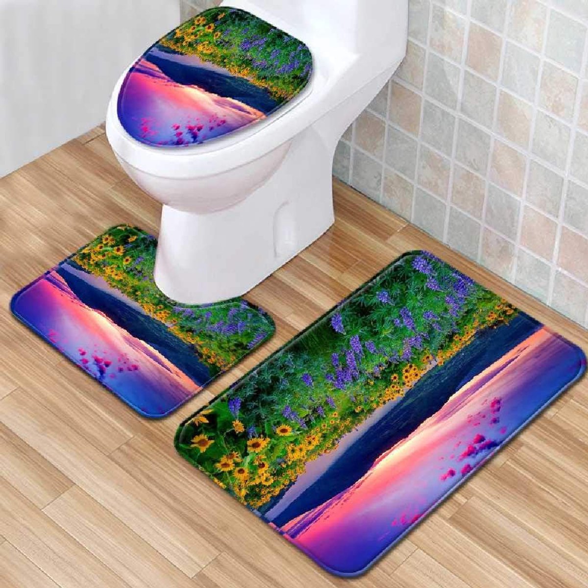 Mat, Bad Mat, Badkamer Anti-slip Mat, Landschap Toiletmat Driedelige Set, Machine Wasbare Badkamer Tapijt, Anti-slip Mat 50cmx80cm