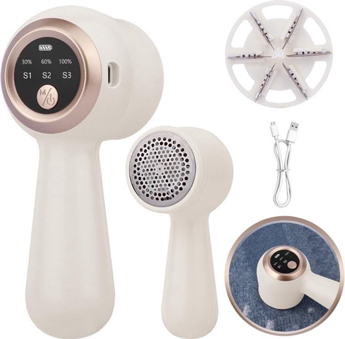 Elektrische Pluizenverwijderaar - incl. USB-lader - Draadloos - Oplaadbaar - 3 Standen - Voor Kleding, Sokken, Meubels, Kleden - Pluizentondeuse - Display-Scherm - Ontpluizer - Beige