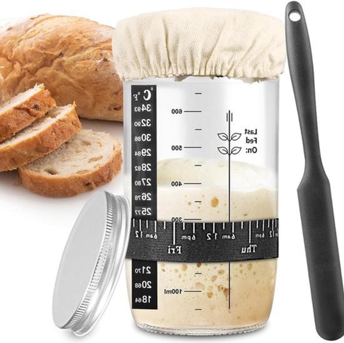 Zuurdesemstarterglas 680 ml met dadelvoerband thermometer deksel siliconen spatel - herbruikbare bakaccessoires