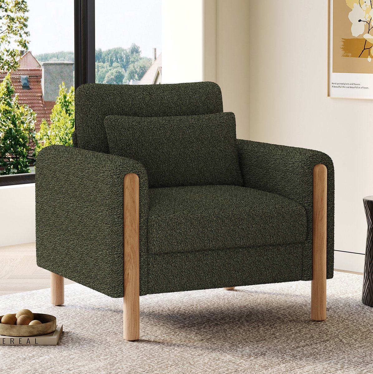 MEUNIQ Groene fauteuil met armleuningen, teddy bekleding, houten frame, dikke zitting en 1-zits ontwerp voor woonkamer, slaapkamer of werkkamer Green