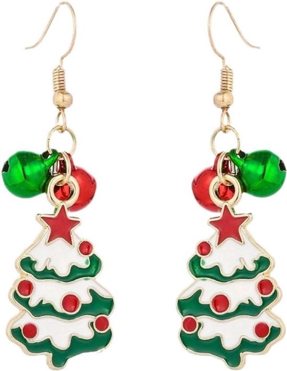 Kerstboom Ster Emaille Dangle Drop Oorbellen Rood Groen Jingle Bell Tinkle Vis Haak Bungelende Oorbel Hypoallergeen Leuke Xmas Ornament Vakantie Festival Feest Sieraden voor Vrouwen Meisjes