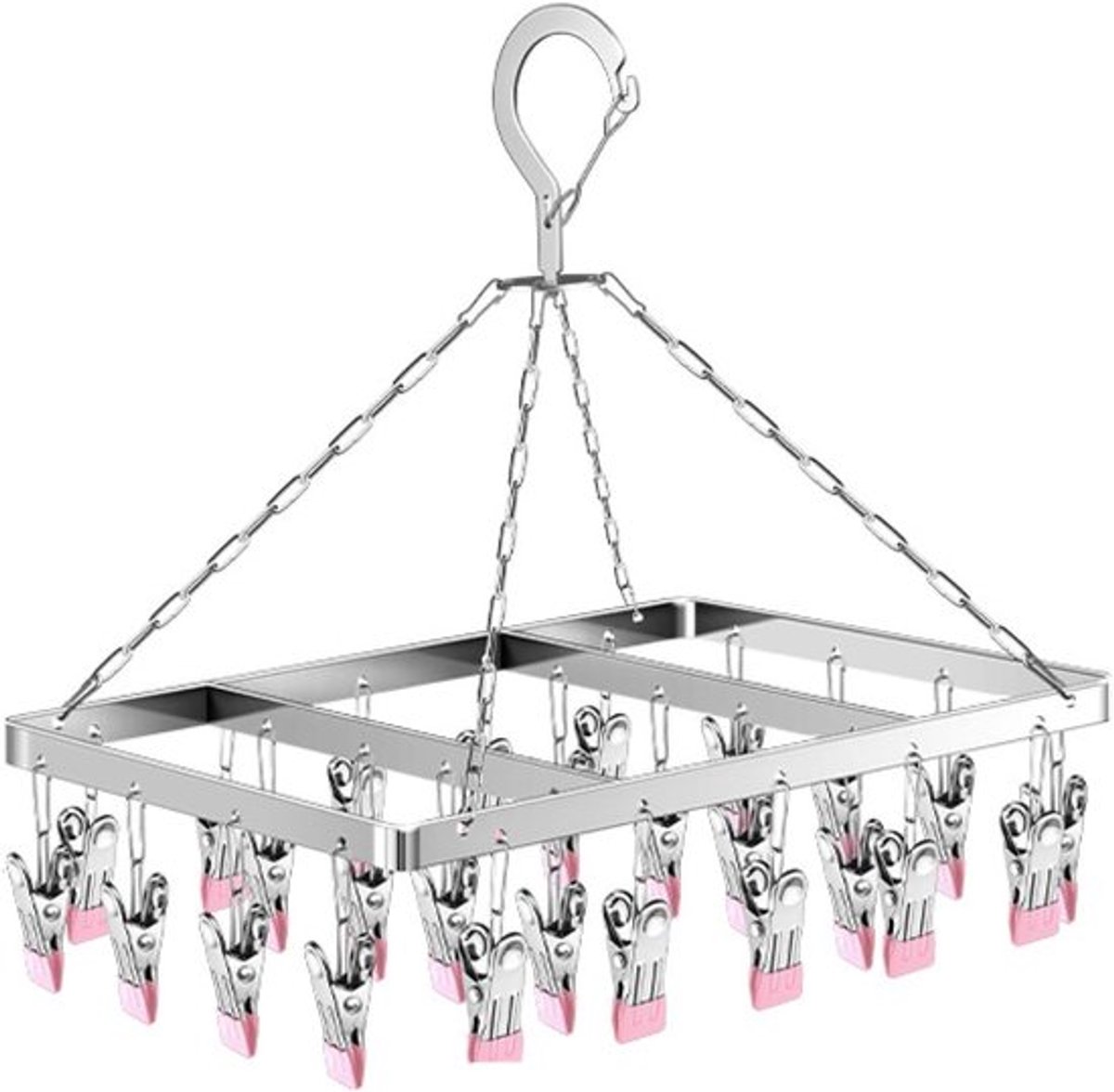 Draaibare, winddichte sokkenhanger, sokkenrek voor waslijn, roestvrijstalen sokkendroger met draaibare haak, ondergoeddroger met 26 clips en spijkers (roze)