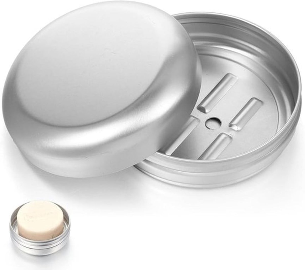 2 stuks aluminium zeepblikjes voor op reis - waterdicht metalen zeepbakje met afdruiprooster voor scheerzeep en vaste shampoo - voor thuis, reizen en camping (rond)