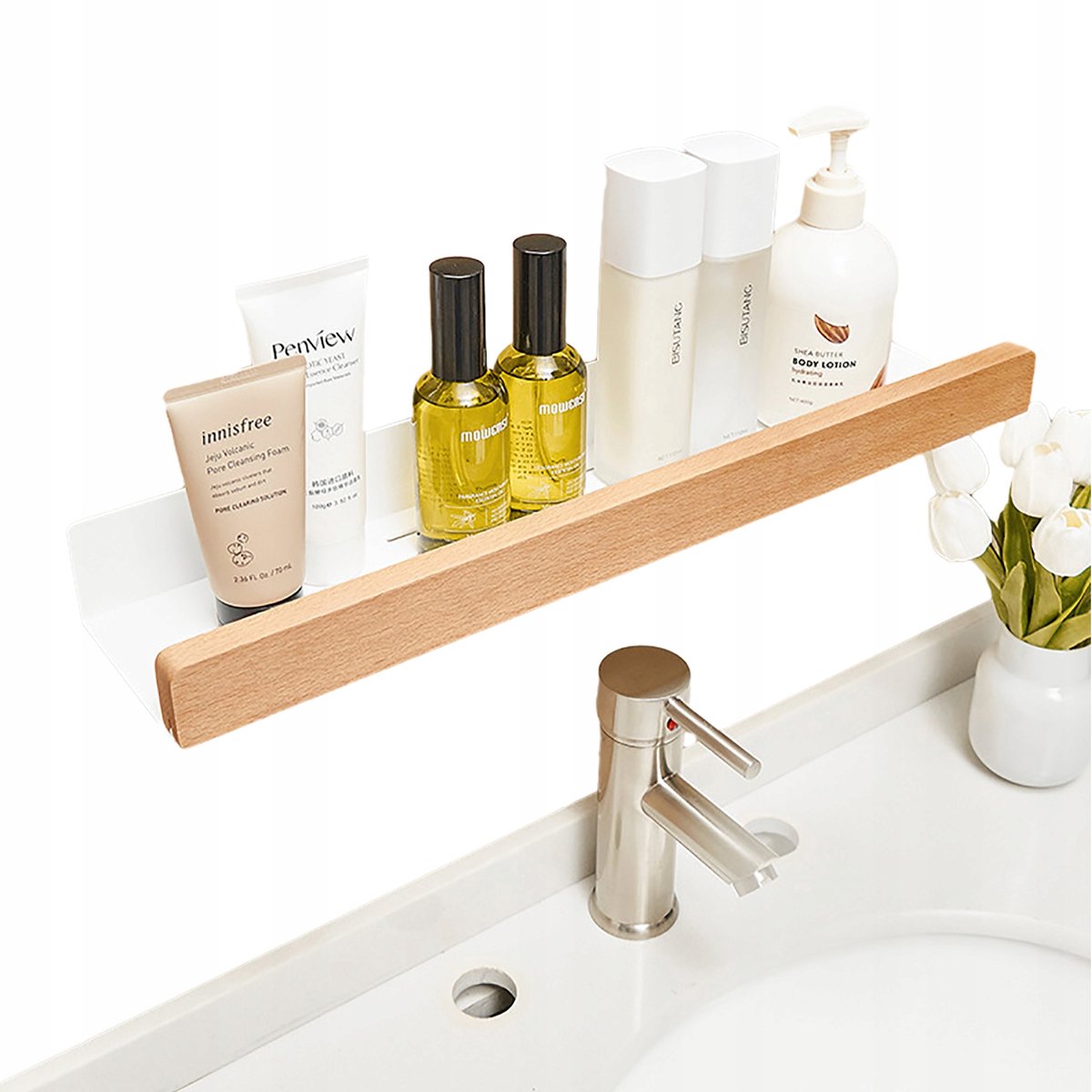 Merkloos Houten Wandplank voor Badkamer & Douche - Wit/Licht Hout