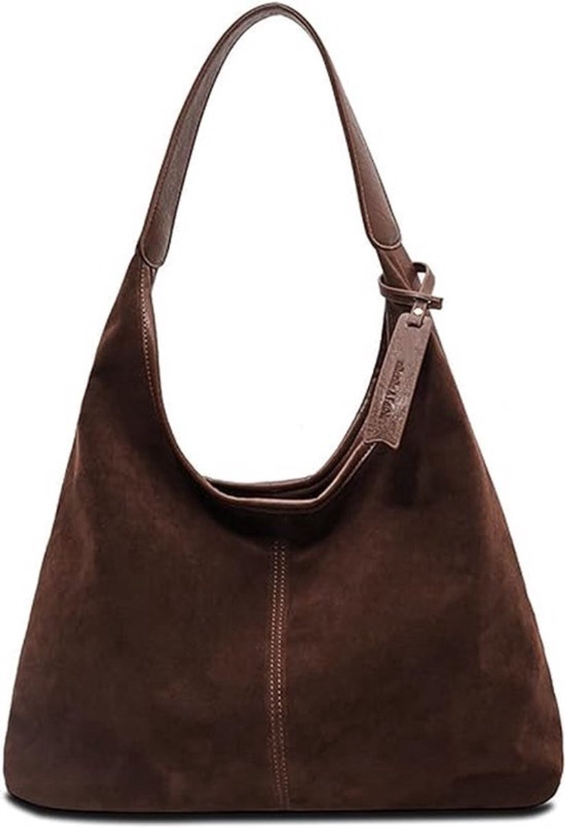 Grote schoudertas voor dames - hobotas van zacht suède en corduroy - met open binnenzak en ritsvak - bruin (37x25x11 cm)
