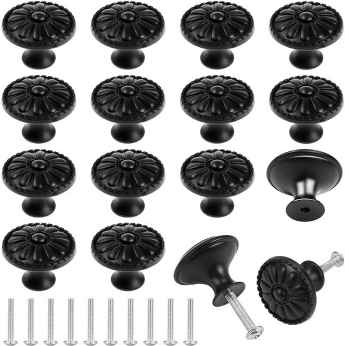 16 stuks zwarte metalen bloemvorm meubelknop, 30 mm paddenstoel vintage kastknoppen, enkele gat ronde meubeldeurknop, chique ladeknoppen met schroeven voor deurhandgrepen, kledingkast, keukens, dressoir