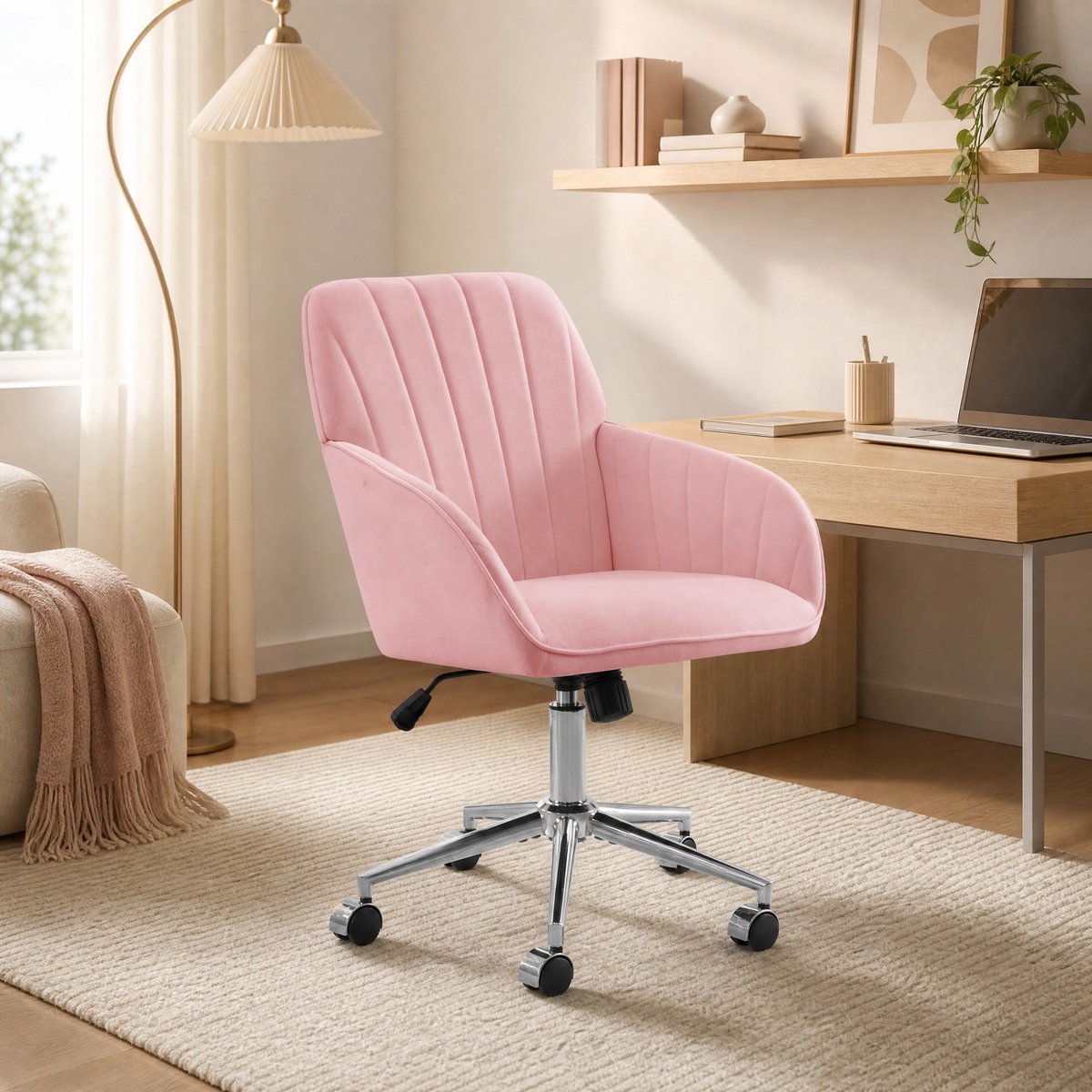 COVREO Bureaustoel 60 cm roze, velvet met armleuningen en wielen