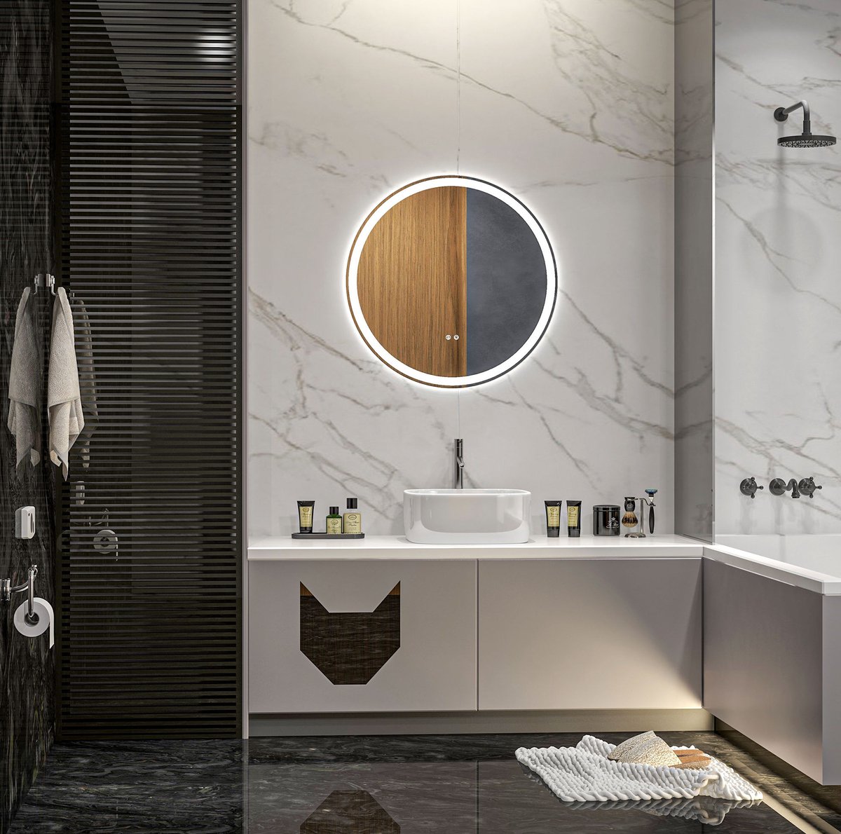 Badspiegel Met Led Verlichting En Touchfunctie, Ø 60 Cm, Aluminium Frame, Wit, Ronde Wandspiegel Met Anti Condens En Geheugenfunctie